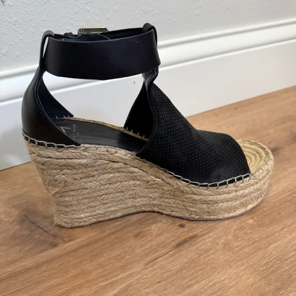 Marc Fisher MLANNIE Wedge Sandal Women 7.5 Black Leather Espadrille Platform